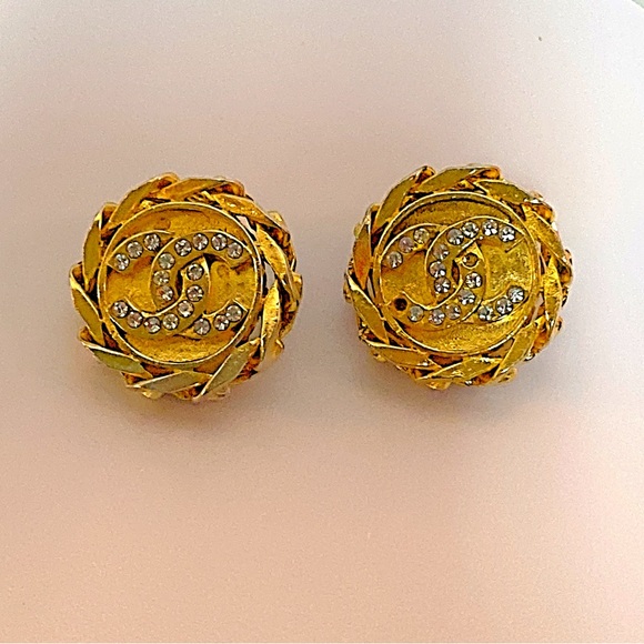 LOW START- CHANEL CC Logo Rhinestone Gold Tone Earrings - Picture 4 of 10